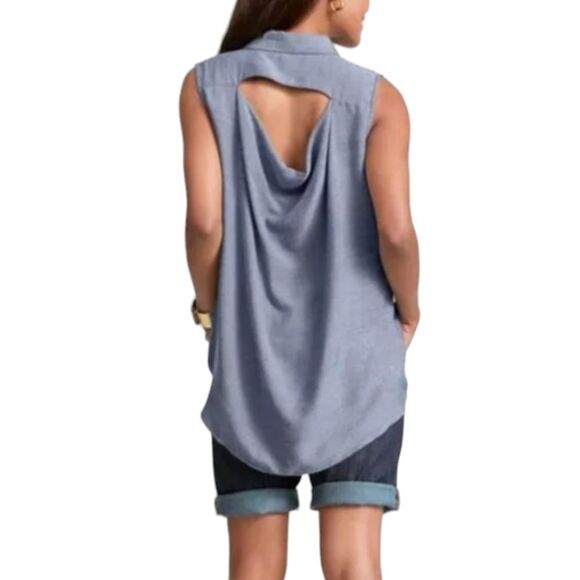 Cabi Top Tunic Blue Chambray Drape Open Back Hi Low Blouse Flowy Button‎ 387 S - Picture 7 of 13